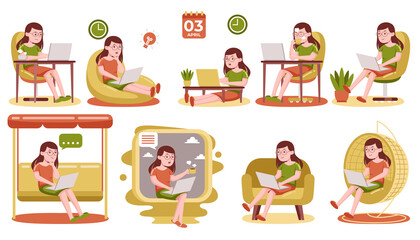 Woman Working with Laptop at Home