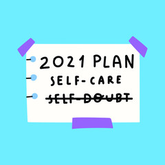 2021 plan. Self-care. Hand drawn illustration on blue background.