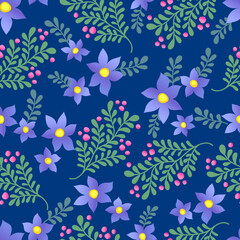 blue flowers and branches seamless vector pattern