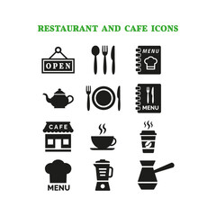 Restaurant and cafe icons set on white background.