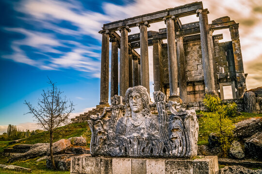 Long exposure of Aizanoi antique Roman city. Zeus temple. Cavdarhisar, Kutahya, Turkey.