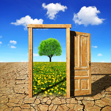 Dry country with cracked soil and open wooden door to the beautiful spring landscape with blooming meadow and tree. Climate change concept.