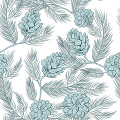 Cones pattern of fir or pine, seamless background, vector green tree branch spruces decoration. Pine cones pattern in pastel color, wallpaper and textile seamless print vintage. White background