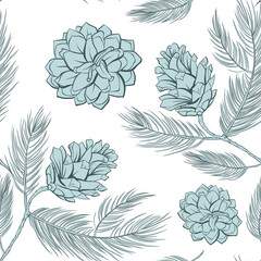 Cones pattern of fir or pine, seamless background, vector green tree branch spruces decoration. Pine cones pattern in pastel color, wallpaper and textile seamless print vintage. White background