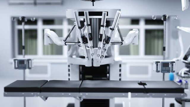 Futuristic surgical robot in a modern clinic. 3D rendering.