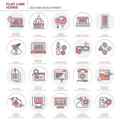 Seo and development. Set of vector, color, linear icons. Set of icons for the site. The set contains icons such as domain, hosting, video marketing, social media and others.