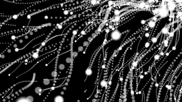 Abstract background of chaotic movement of glowing white particles leaving a trail, reminiscent of fireworks, against the black background of a vast outer space. 3d illustration.