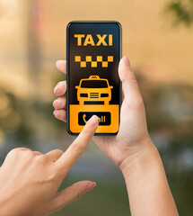 Woman holding smartphone with taxi app interface