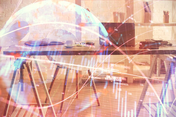 Multi exposure of stock market chart drawing and office interior background. Concept of financial analysis.