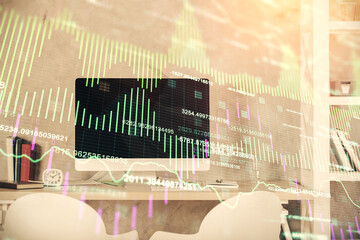 Multi exposure of stock market chart drawing and office interior background. Concept of financial analysis.