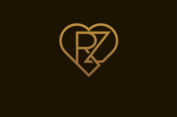 Abstract initials R and Z logo, gold colour line style heart and letter combination, usable for brand, card and invitation, logo design template element,vector illustration