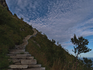 Steep rock stairs built by Nepali Sherpas leading to top of Reinebringen peak on Moskenesøya island, Lofoten, Norway on precipitous slope with green vegetation and fleecy clouds in the sky. 