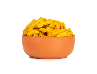 Indian Traditional Spicy Ganthiya or Gathiya, Gathia Are Deep Fried Namkeen Food on White Background