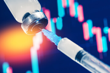 Concept impact of human medical vaccination on stock market economy finance exchange. Vaccine vial...