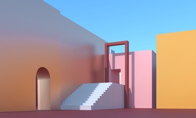 Platform base, pedestal for brand products. Abstract fashion trendy summer colors. 3d render illustration. Architecture composition, exhibition podium. Stairs and niche with empty space. 