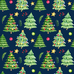 Watercolor new year seamless pattern with christmas tree. Cute cartoon illustration on dark background. 