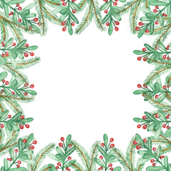 Fototapeta na wymiar Watercolor hand painted nature winter holiday squared border frame with green fir branches, red holly berries and leaves on the white background for invite and greeting card with space for text