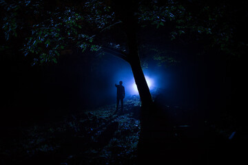 Naklejka na ściany i meble strange light in a dark forest at night. Silhouette of person standing in the dark forest with light. Horror halloween concept. strange silhouette in a dark spooky forest at night