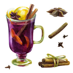 Watercolor illustration, mulled wine set. Watercolor drawing. Red wine cocktail, hot drink. Cinnamon sticks and cloves.