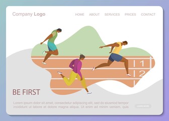 Group Male Flat Characters Running Distance track. Sport Jogging Competition. Black Athlete men Sprinter Sportsmen Run Marathon, Sprint Race Network Landing Page Template. Cartoon Flat Illustration
