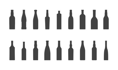 Black silhouette of beer bottles set of different shapes. Glass bottles for alcohol vector illustration concept
