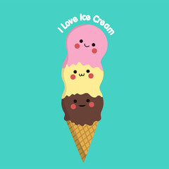 Background with three beautiful balls of ice cream cone waffle cute character. Sweet summer treat with chocolate, vanilla and pink color vector illustration