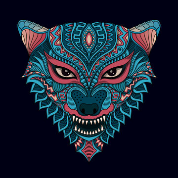 Stylized wolf in ethnic vector black background