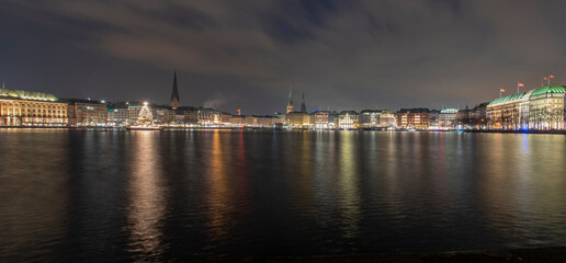 Hamburg, panoramic view over the Alster lake to the city center at Christmas time