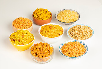 Group of Indian Traditional Spicy And Sweet Namkeen Food