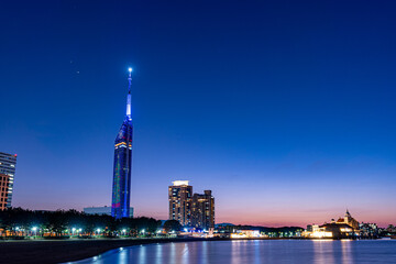fukuoka tower and city skyline at night