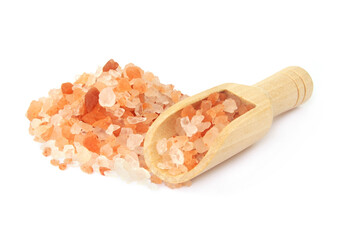 Fototapeta na wymiar Heap of himalayan pink salt and wooden scoop isolated on white background
