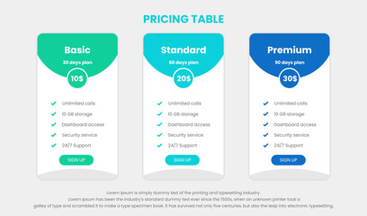 Modern pricing comparison table with three subscription plans and place for description. Flat pricing table design template for or websites and applications.