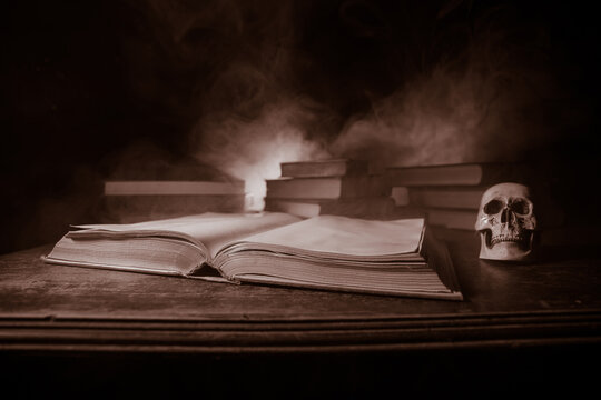 Imagine a picture book of an ancient book opened on a wooden table with a sparkling golden background. With magical power. magic. lightning around a glowing glowing book In the room of darkness