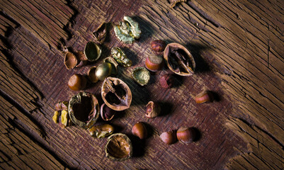 Still life with Walnut kernels and whole walnuts on rustic old wooden table. Creative table decoration.