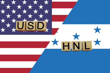 USA and Honduras currencies codes on national flags background