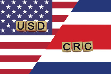 USA and Costa Rica currencies codes on national flags background