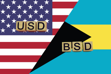USA and Bahamas currencies codes on national flags background