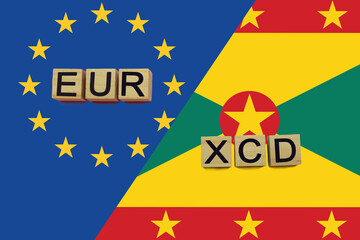 United Europe and Grenada currencies codes on national flags background
