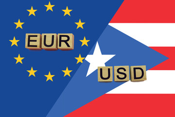 United Europe and Puerto Rico currencies codes on national flags background