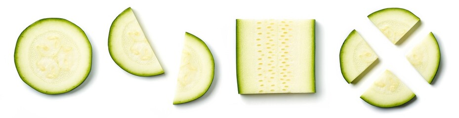 Zucchini slices isolated on white, from above