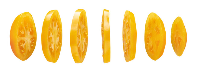 Tomato slices isolated on white background, levitating