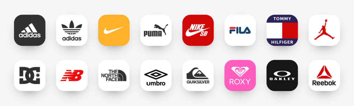 16 app buttons for top sportswear brands. icons / buttons : Adidas, Adidas  original, Nike, Puma, Nike SB, Fila, Tommy Hilfiger, Jordan, DC, NB, THE  NORTH FACE, Umbro, Quiksilver, Roxy, Oakley, Reebok.
