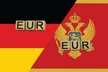 Germany and Montenegro currencies codes on national flags background