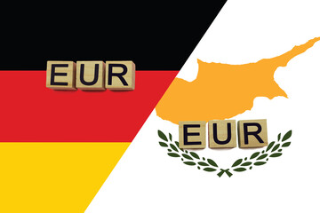 Germany and Cyprus currencies codes on national flags background