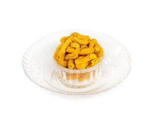 Indian Traditional Spicy Ganthiya or Gathiya, Gathia Are Deep Fried Namkeen Food on White Background
