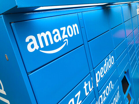 ALLARIZ, SPAIN - DECEMBER 05, 2020: Amazon locker located at a petrol station.