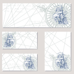 Old caravel, vintage sailboat. Sea adventure vector background. Doodles design elements business cards, banners, menu