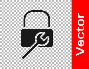 Black Lock repair icon isolated on transparent background. Padlock sign. Security, safety, protection, privacy concept. Vector Illustration.