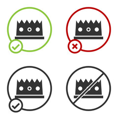 Black King crown icon isolated on white background. Circle button. Vector.