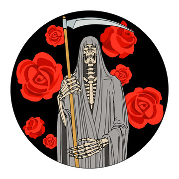 death in a shroud with a scythe and red roses, grim reaper, skeleton, vector illustration with black ink contour lines isolated on a white background in cartoon and hand drawing style